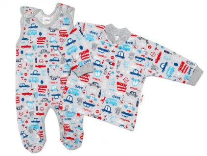 Baby Nellys 2-dílná sada, bavlněné dupačky s košilkou Auta, šedá