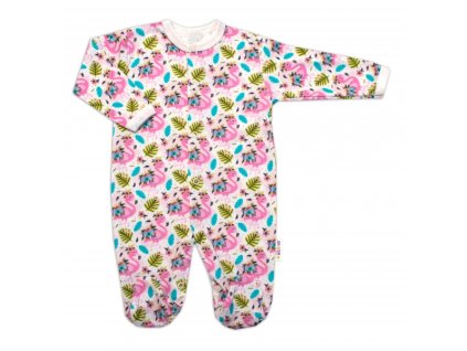 Baby Nellys Kojenecký overálek zapínání uprostřed, Plameňák - bílá/růžová