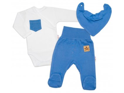 Baby Nellys 3-dílná sada Body dl. rukáv s kapsou, šátek, polodupačky, modrá, bílá
