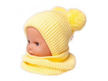 BABY NELLYS Zimní pletená čepice + nákrčník - žlutá s bambulkami