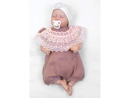 Body s nohavičkami, mušelín s krajkou BOHO - hnědorůžová