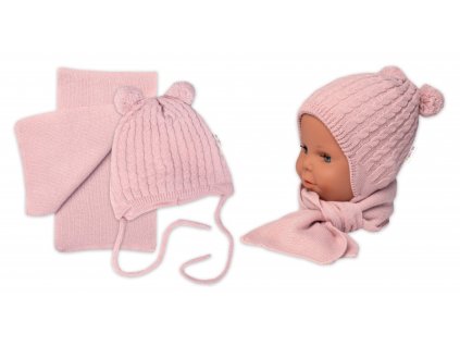 Zimní čepice na zavazování s bambulky + šál, Baby Nellys - pudrově růžová