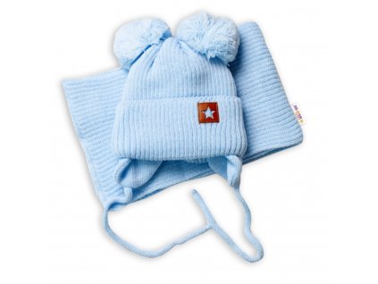 Dětská zimní čepice s šálou STAR - modrá s bambulkami, BABY NELLYS