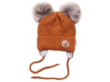Dětská zimní čepice s fleecem Teddy Bear - chlupáčk. bambulky - hnědá, šedá, BABY NELLYS