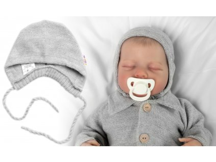 Pletená čepička na zavazování bonetka Boy, Hand Made Baby Nellys, šedá