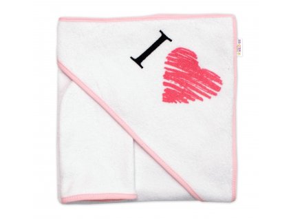 Dětská osuška s kapucí + žínka I love, Baby Nellys, roz. 80 x 80 cm-bílo/růžová