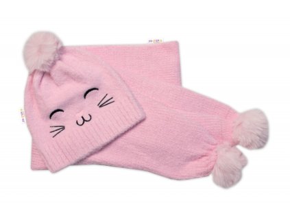 Zimní čepice s bambulí + šál, Kitty, Baby Nellys - růžová, vel. 54/58