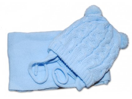 Zimní pletená kojenecká čepička s šálou TEDDY - modrá s bambulkami, vel. 62/68