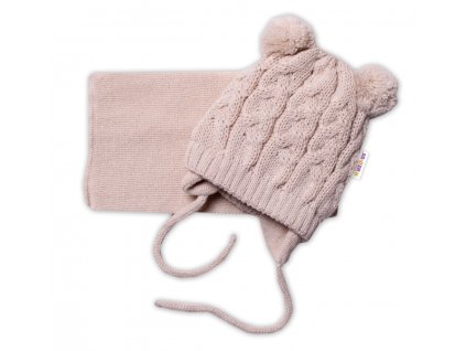 Zimní pletená kojenecká čepička s šálou TEDDY - béžová s bambulkami, vel.62/68