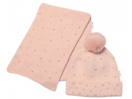 Zimní čepice s bambulí + šál, Pearls, Baby Nellys - pudrově růžová, vel. 54/58