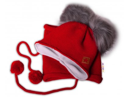 Zimní čepice s fleecem a chlupáčkové bambulky Star + komínek - červená