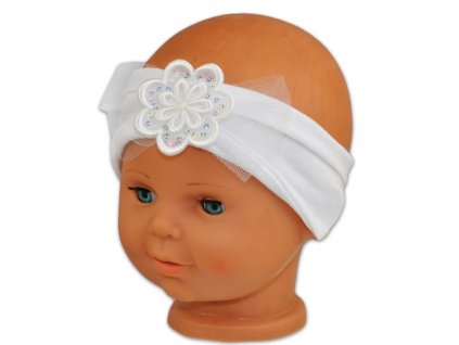 Čelenka Baby Nellys ® s květinkou a flitry - bílá, 80/92