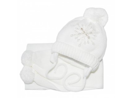 Zimní čepička s šálou - Sněhová vločka v bílé, 0-6m
