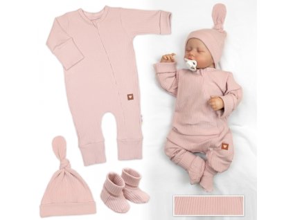 Rostoucí žebrovaný overálek, čepička a botičky, 3D, Nature - pudrově růžová