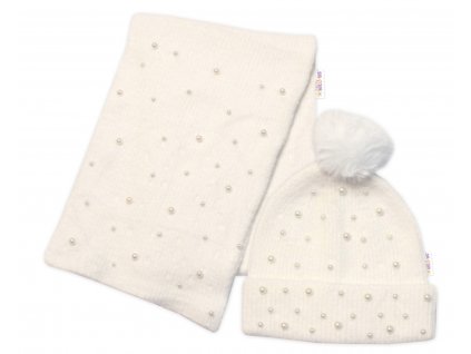 Zimní čepice s bambulí + šál, Pearls, Baby Nellys - smetanová, vel. 54/58