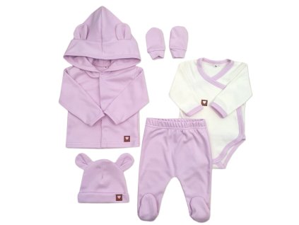 Sada do porodnice 5D, body, polodupačky, kabátek, čepička, rukavičky, lila