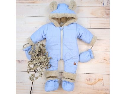 Zimní prošívaná kombinéza s kožíškem a kapucí + rukavičky + botičky, Z&Z - modrá