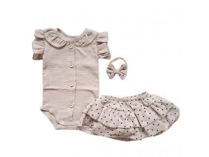 Mušelínová sukničkokraťásky, bodýčko a čelenka, 3D sada, béžová/dots