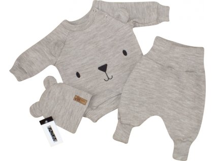 Pletená kojenecká sada 3D Medvídek, svetřík, tepláčky + čepička Kazum, béžová
