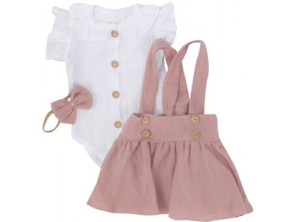 Mušelínová suknička s láclem, bodýčko a čelenka, 3D sada , bílá/starorůžová