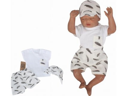 Mušelínové triko, kraťasy + šátek, 3D sada, Pírka Z&Z, bílá/smetana