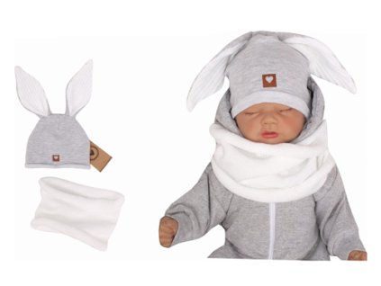 Z&Z Kojenecká bavlněná čepička Zajíček s nákrčníkem, šedá/bílá