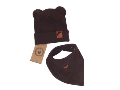 Z&Z Dvouvrstvá žebrovaná čepička s oušky + šátek, čokoládová