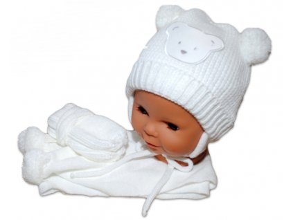 BABY NELLYS Sada - čepička, šál a rukavičky - Medvídek s bambulkami