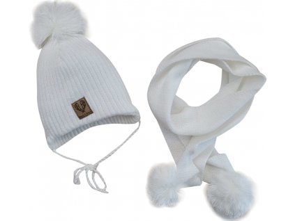 Dvouvrstvá pletená čepička na zavazování + šál s bambulky, bílá