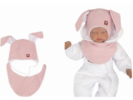 Z&Z Dvouvrstvá pletená čepice na zavazování s šátkem 2v1, Zajíček - růžová