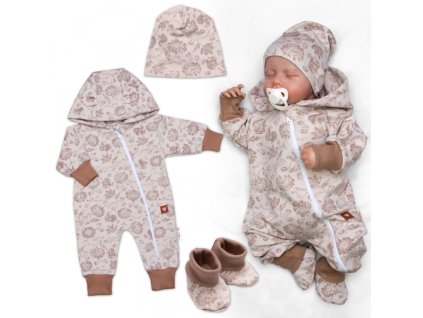 Rostoucí overálek, čepička a botičky, 3D, bavlna, Garden - béžová/hnědá (Velikost koj oblečení 50/56 (0-2m))