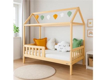 Dětská postel domeček se zábradlím a roštem New Baby CASTELLO 160x80 cm přírodní (Barva Přírodní)