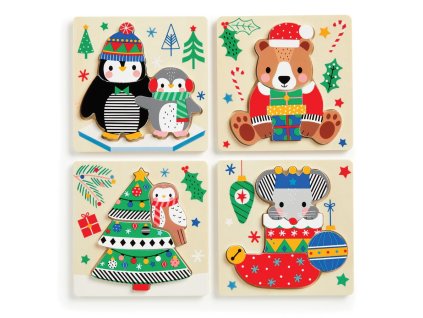 Mudpuppy Dřevěné puzzle sada 4 puzzle Vánoce