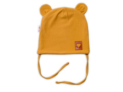 bavlnena dvouvrstva cepice s ousky na zavazovani teddy horcicova baby nellys