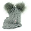 Zimní čepička s komínkem - chlupáčkové bambulky - šedá