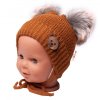 Dětská zimní čepice s fleecem Teddy Bear - chlupáčk. bambulky - hnědá, šedá, BABY NELLYS