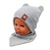 Baby Nellys Žebrovaná dvouvrstvá čepice s oušky + šátek TEDDY - šedý melír