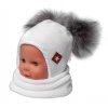 Zimní čepice s fleecem a chlupáčkové bambulky Star + komínek - bílá, BABY NELLYS