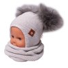 Zimní čepice s fleecem a chlupáčkové bambulky Star + komínek - šedá, BABY NELLYS