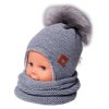 Zimní čepice s fleecem a chlupáčková bambule Star + komínek - šedá, BABY NELLYS