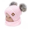 Zimní pletená čepice Star s fleecem a chlupáčkové bambulky+komínek 2D sada, růžová