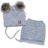 Zimní pletená čepice Star s fleecem a chlupáčkové bambulky+komínek 2D sada, šedý melírek