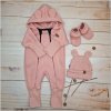 Oteplený dětský overal bez šlapek s kapucí, čepička + botičky, 3D, koralový