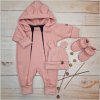 Oteplený dětský overal bez šlapek s kapucí, čepička + botičky, 3D, koralový