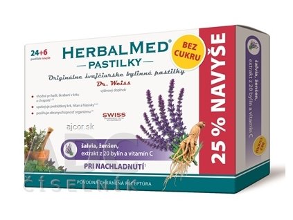 HERBALMED PASTILKY BEZ CUKRU - Dr.Weiss pri prechladnutí (šalvia, ženšen, extrakt 20 bylín a vit.C) pastilky (24+6 navyše) 1x30 ks)