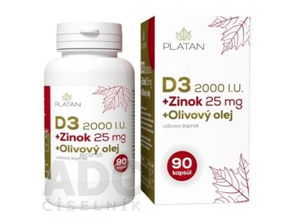 PLATAN D3 2000 I.U.+ Zinok 25mg + Olivový olej cps (mäkké želatínové kapsuly) 1x90 ks