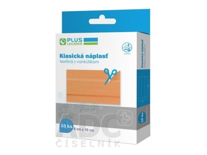 PLUS LEKÁREŇ Náplasť klasická textilná s vankúšikom, 6 x10 cm, 1x10 ks