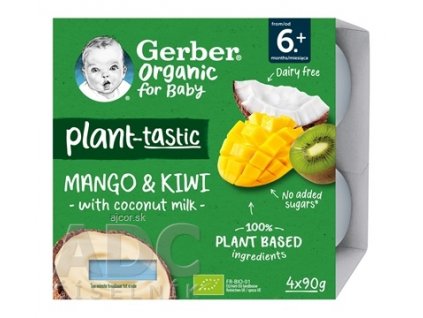 Gerber Organic Rastlinný dezert Mango a kiwi s kokosovým mliekom (od ukonč. 6. mesiaca) 4x90 g