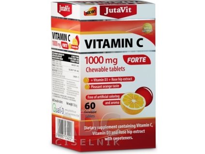 JutaVit Vitamín C 1000 mg FORTE žuvacie tablety s vitamínom D3 a extraktom zo šípok, so sladidlami, s príchuťou pomaranča 1x60 ks