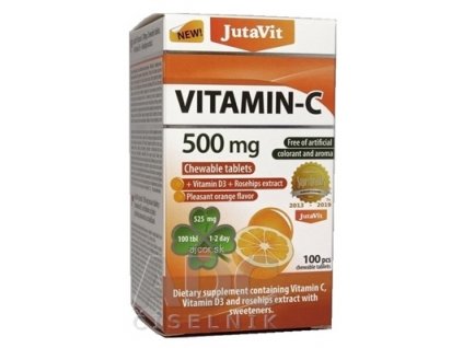 JutaVit Vitamín C 500 mg žuvacie tablety s vitamínom D3 a extraktom zo šípok, so sladidlami, s príchuťou pomaranča 1x100 ks